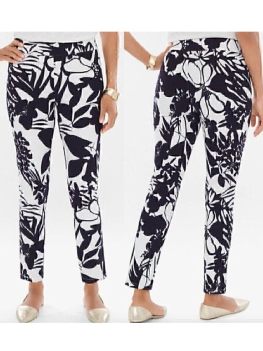 Chico's Travelers Collection Tropical Floral Crepe Pants Navy White Size Large
